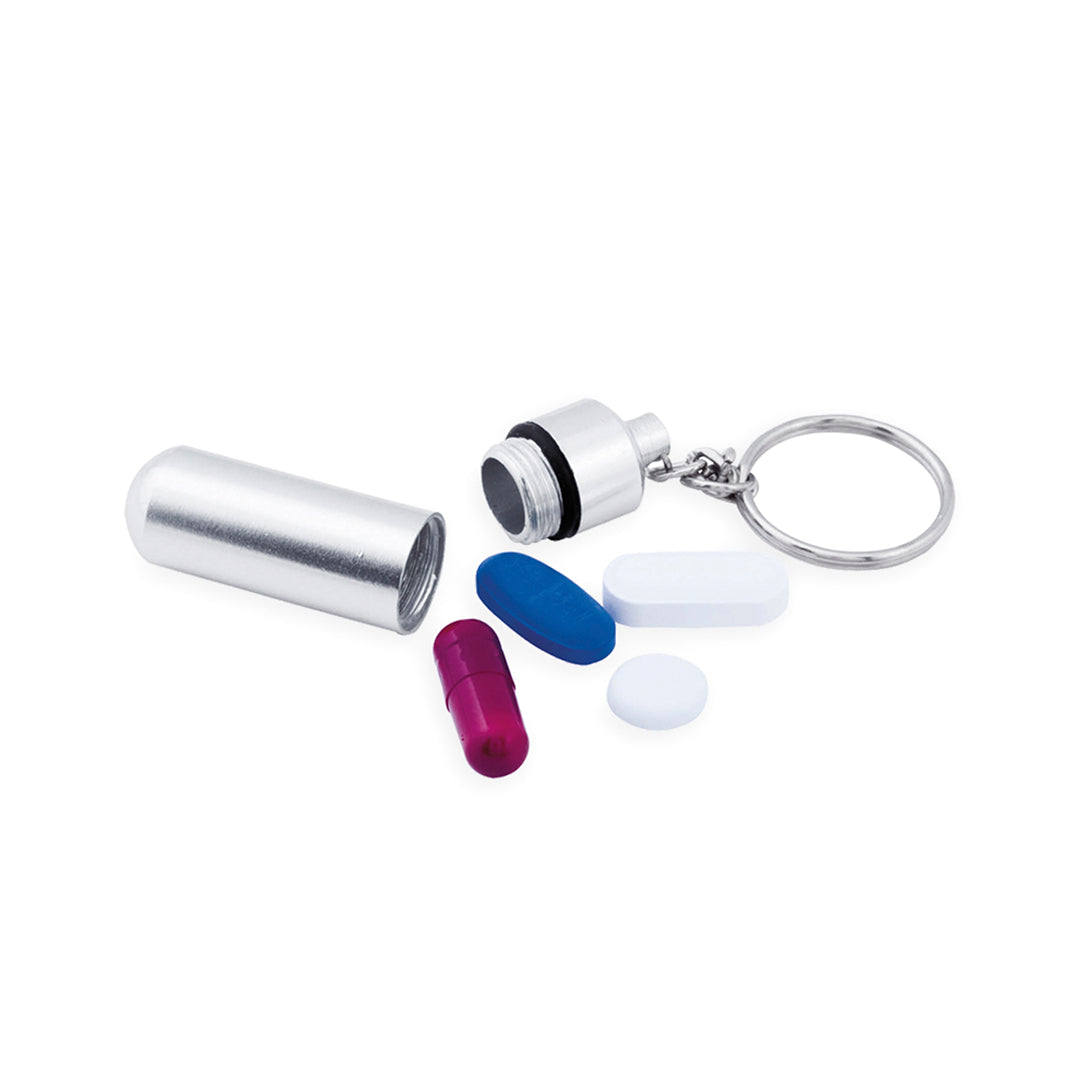 Pilulier discret en aluminium brillant avec personnalisation.