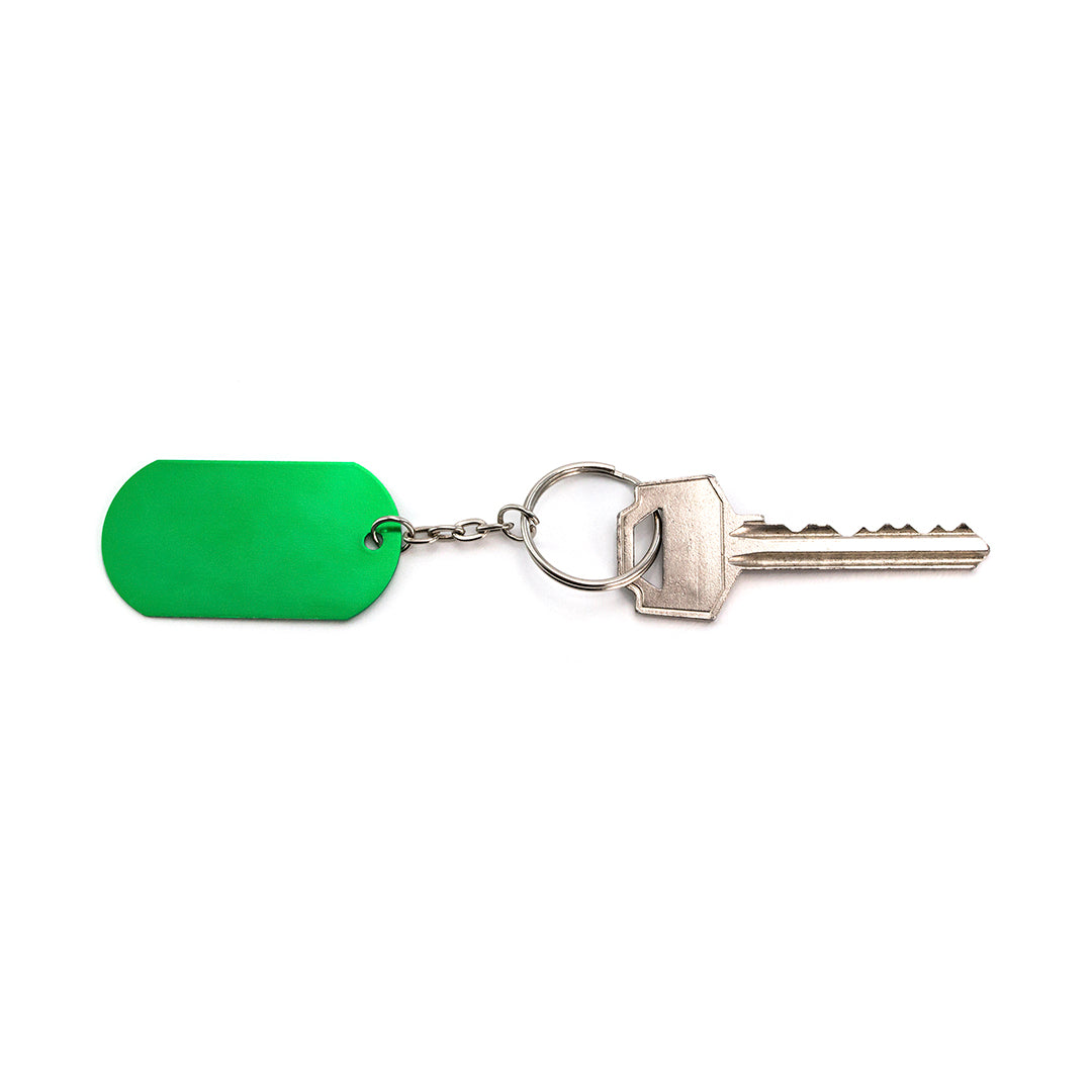 Porte-clés plaque en aluminium aux coloris vifs, parfait pour un marquage laser distinctif.