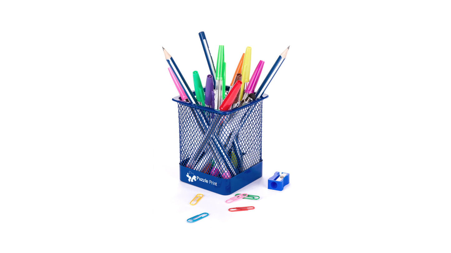 Porte crayons à mailles métalliques en finition brillante TIPEL bleu marquage logo