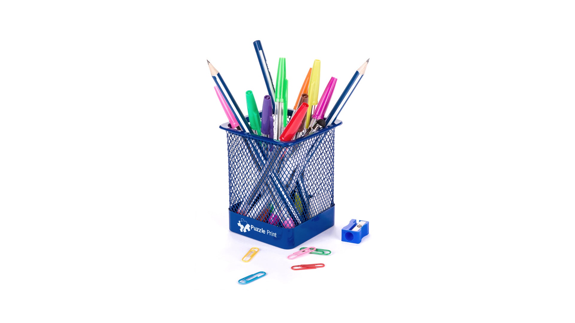 Porte crayons à mailles métalliques en finition brillante TIPEL bleu marquage logo