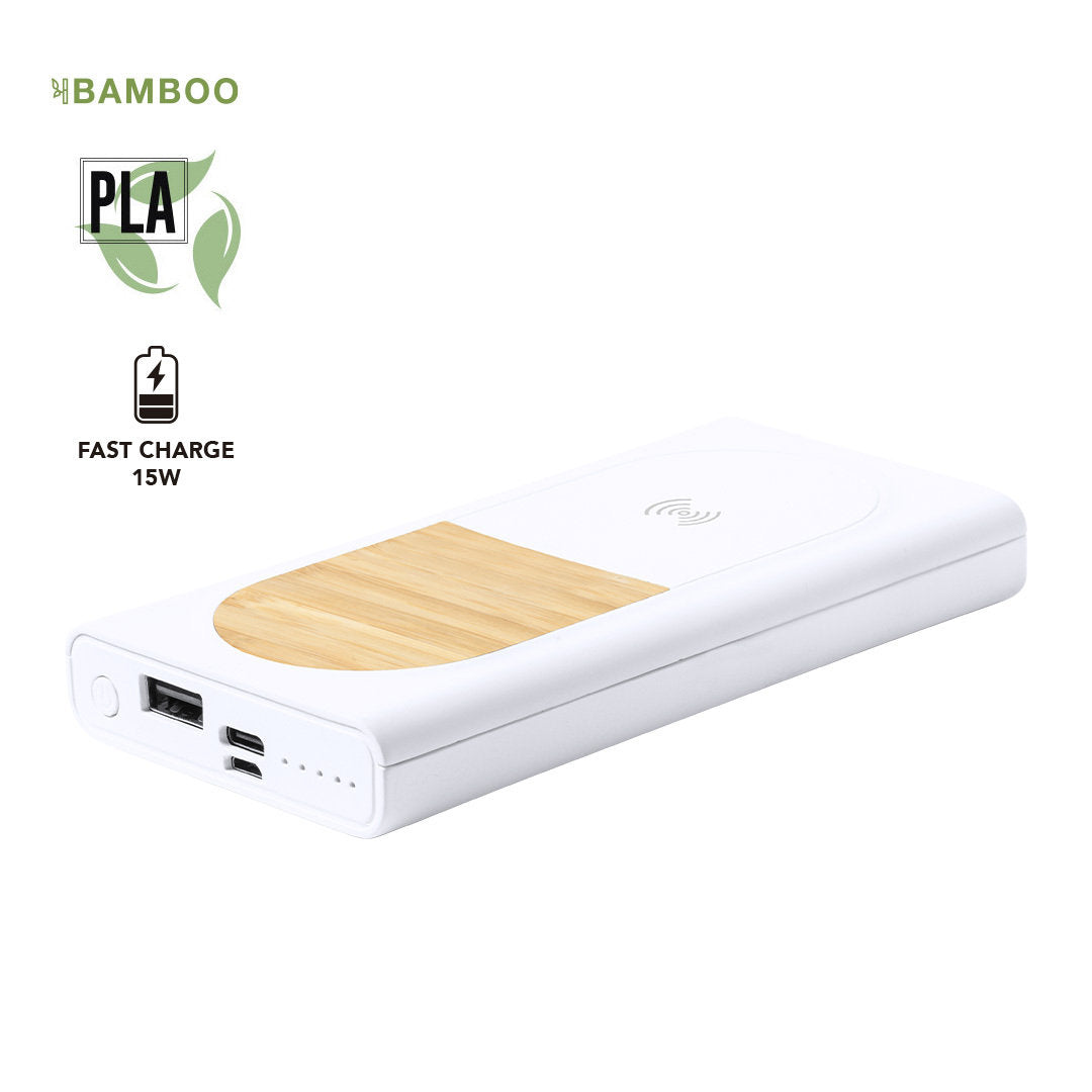Batterie auxiliaire éco-responsable avec chargeur sans fil de 15W en bambou et PLA.