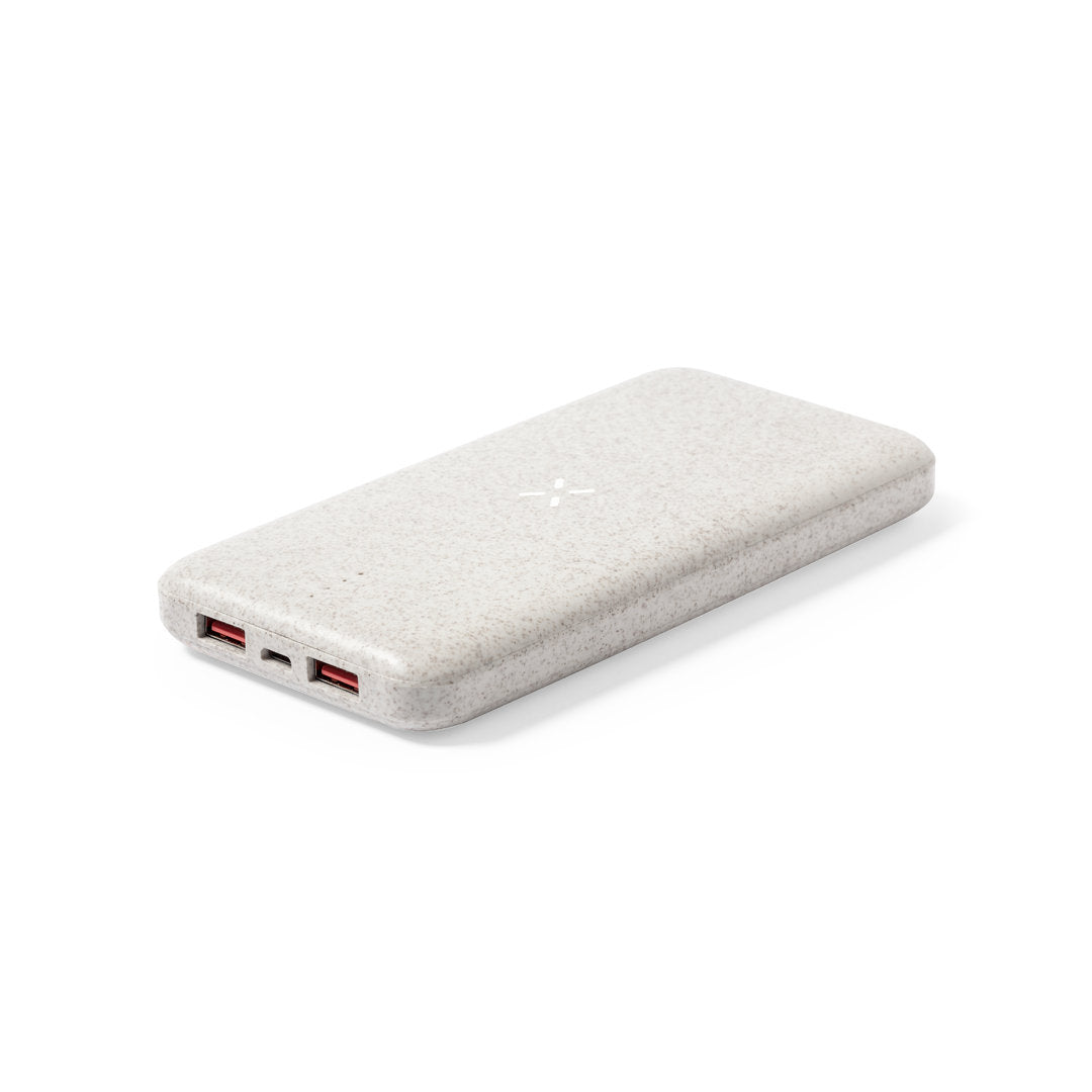 Batterie externe en canne de blé de 8 000 mAh. Avec chargeur sans fil 10W, 2 sorties USB et une connexion Type-C. Conçue pour la sécurité et la durabilité, elle est emballée dans du kraft et accompagnée d'un manuel bilingue.