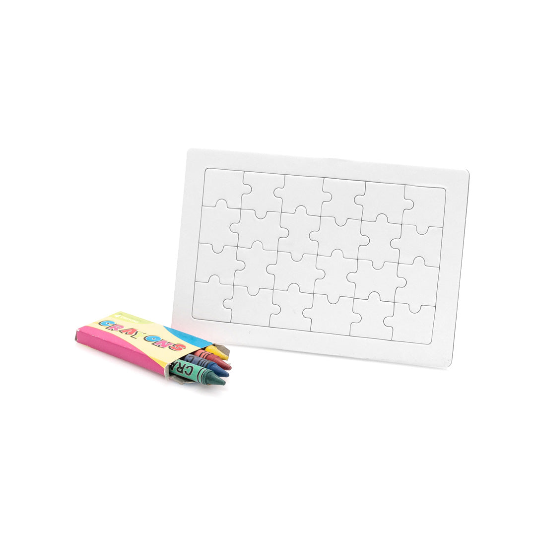 Puzzle blanc éducatif : jeu de 24 pièces avec crayons de couleur inclus.