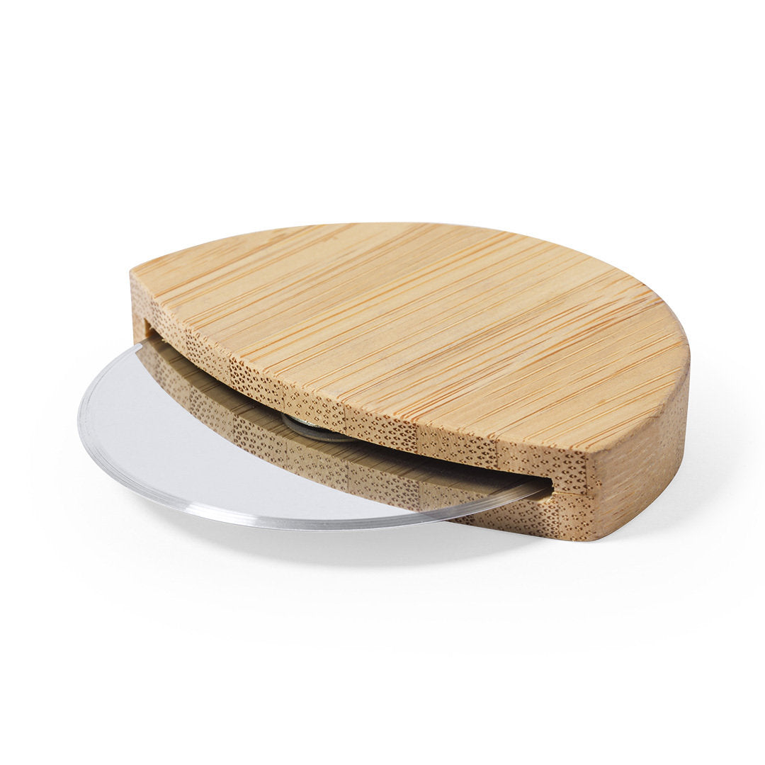 Coupe pizza en bambou et acier inoxydable personnalisable logo entreprise