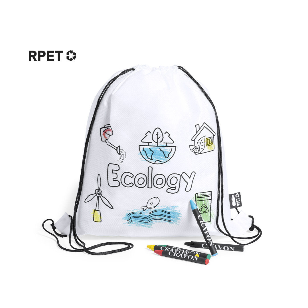 Sac à dos avec cordes rpet non tissé blanc, 5 crayons inclus BALARD avec marquage logo