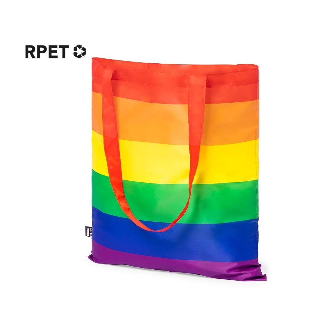 Sac arc-en-ciel multicolore en RPET 210T avec finition cousue et longues anses renforcées