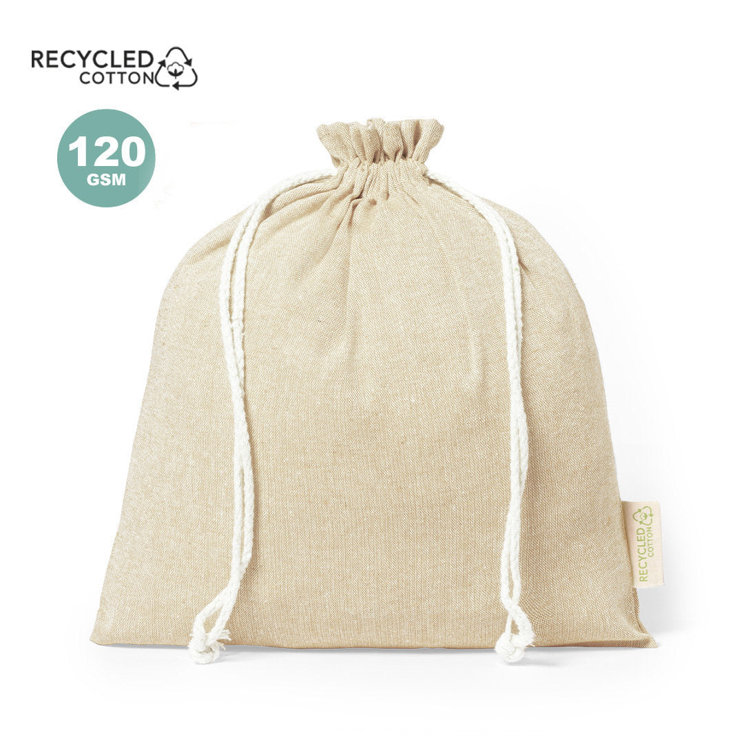 Sac écologique en coton recyclé GRS 120g/m2, certification GRS, fermeture à cordon, finition cousue.