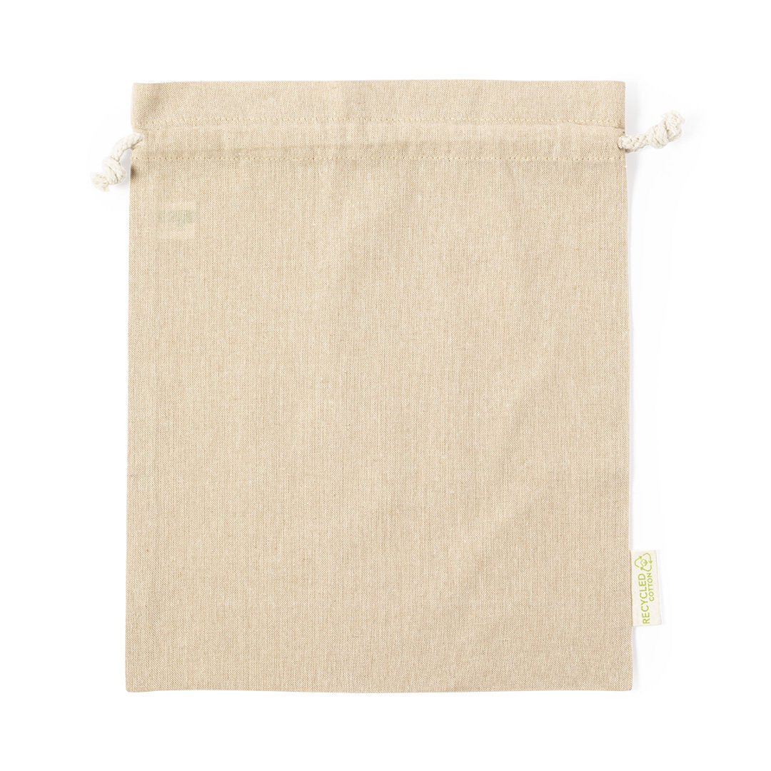 Accessoire éco-friendly : sac résistant en coton recyclé, 120 g/m2, avec fermeture à cordon et certification GRS.