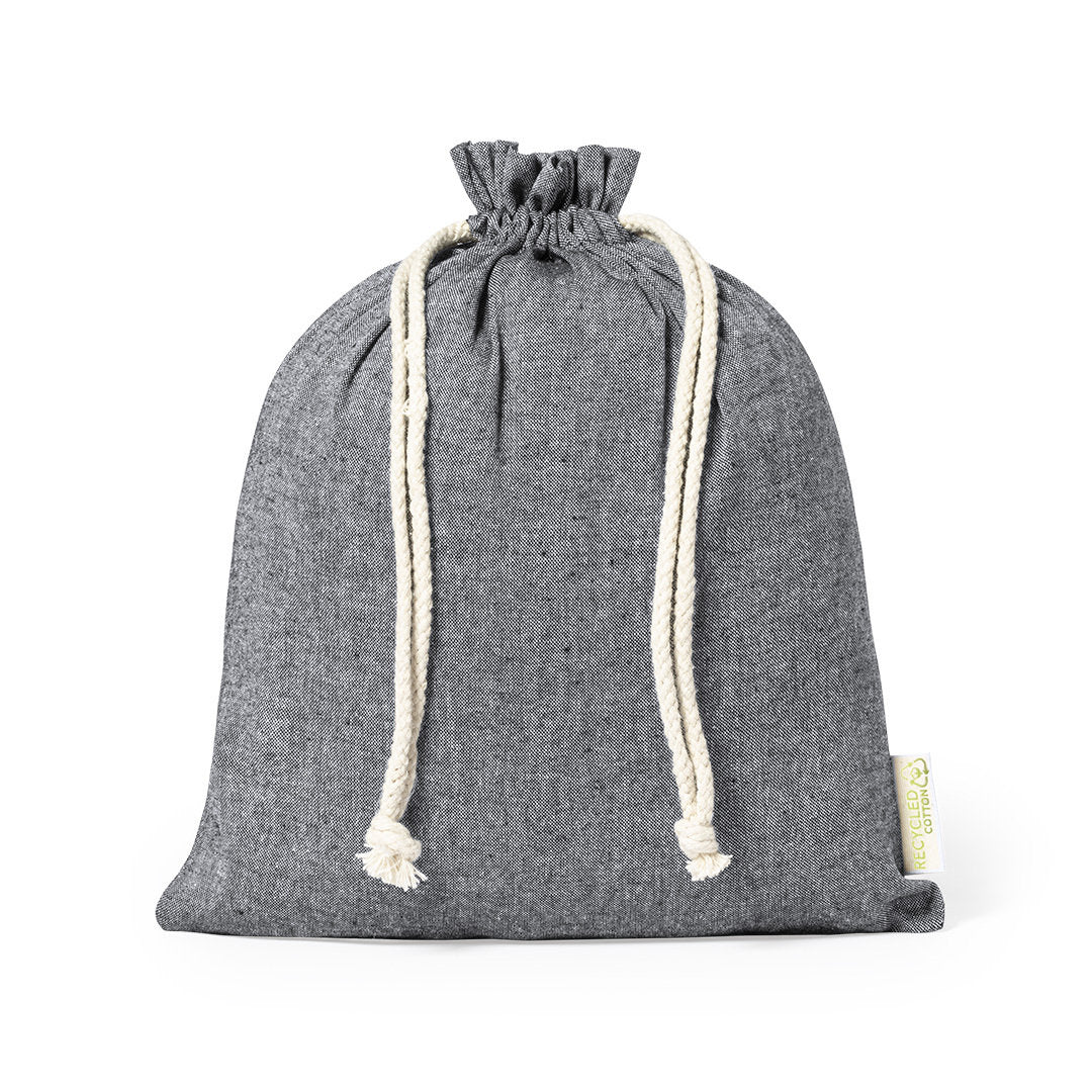 Solution d'emballage éthique : sac écologique, 100% coton recyclé GRS, fermeture à cordon, certification GRS.