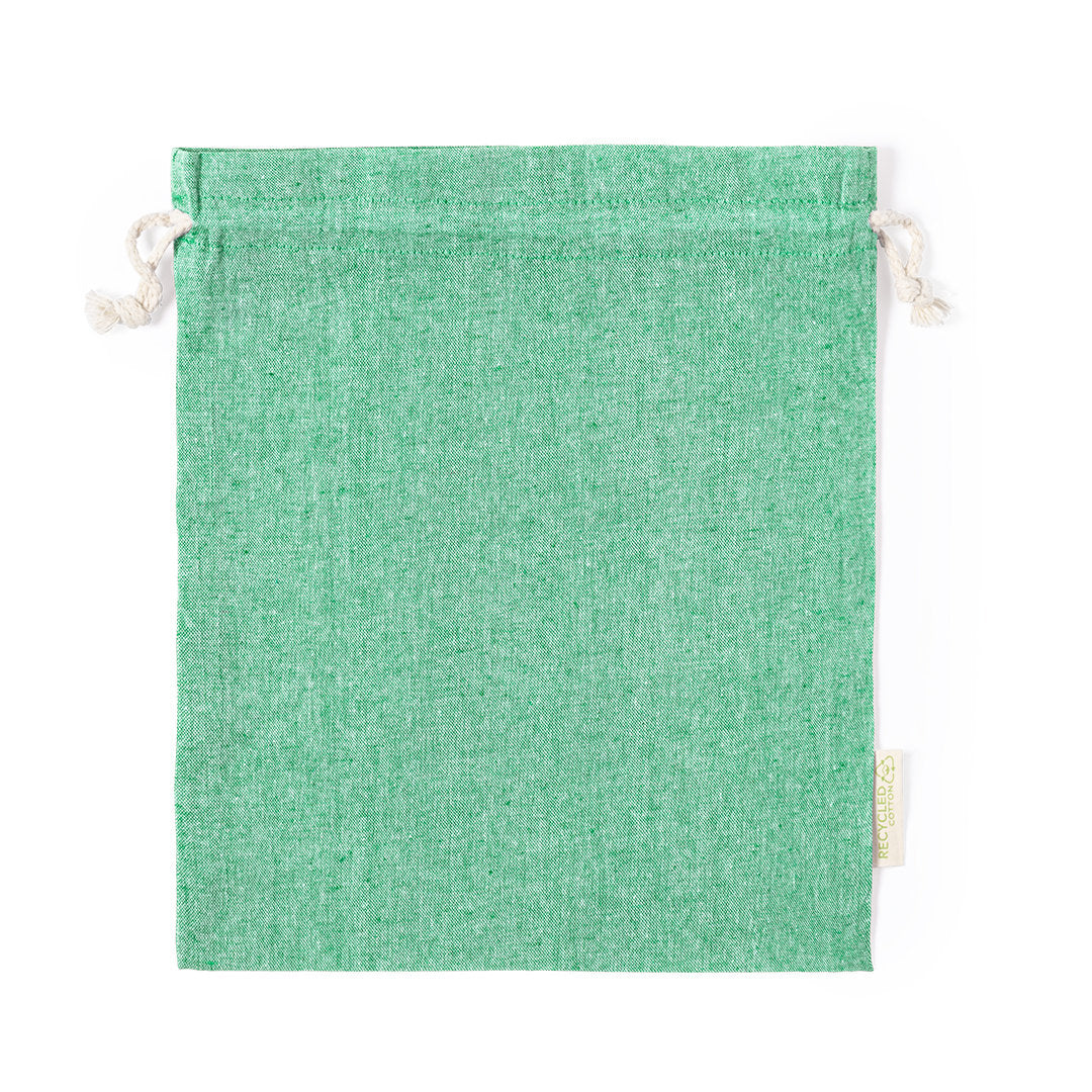 Sac éthique en coton recyclé, 120 g/m2, fermeture à cordon, finition cousue, certification GRS.