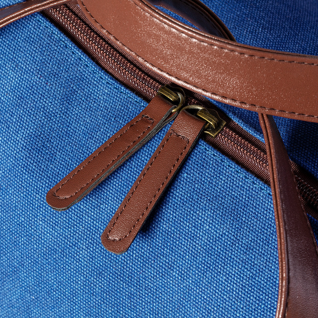 Sac en toile résistante 480mg/m2 avec bandoulière en similicuir STARIUX marron et bleu
