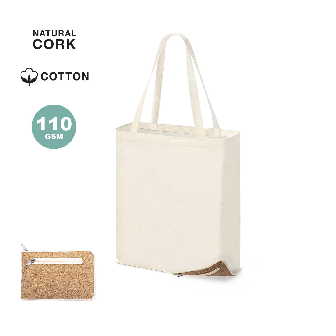 Sac pliant naturel combinant du coton 100% naturel de 110 g/m2 et une base robuste en liège naturel, avec une poche intégrée pour une organisation supplémentaire.