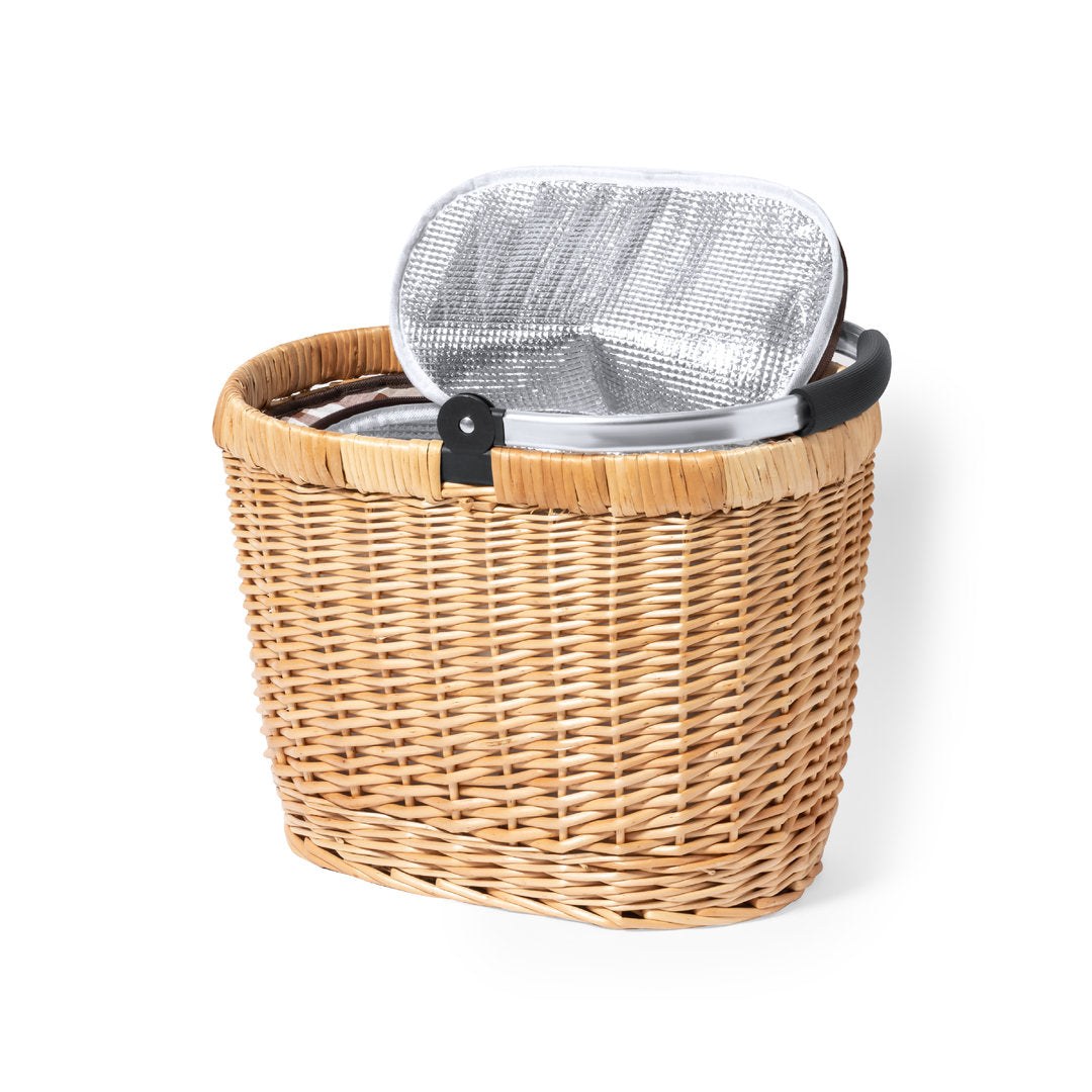 Panier en osier avec finition naturelle, poignée en aluminium et intérieur isotherme