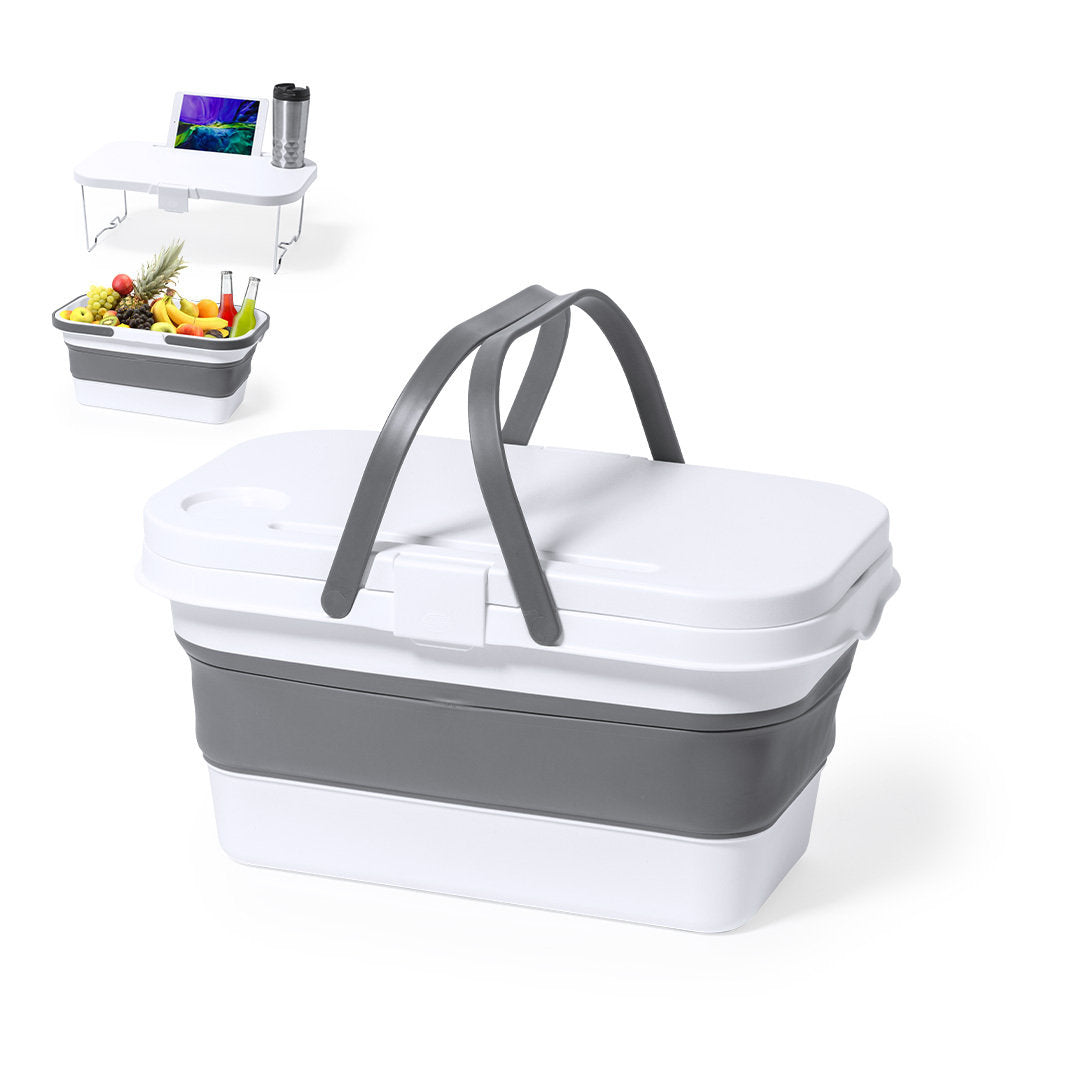 Panier de pique-nique pliable en PP blanc avec couvercle transformable en table personnalisable logo entreprise
