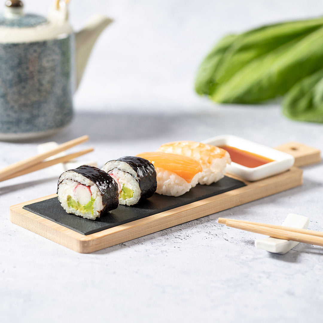 Service à sushi 6 pièces haut de gamme en bambou et ardoise naturelle GUNKAN parfait pour présentation assiette sushis