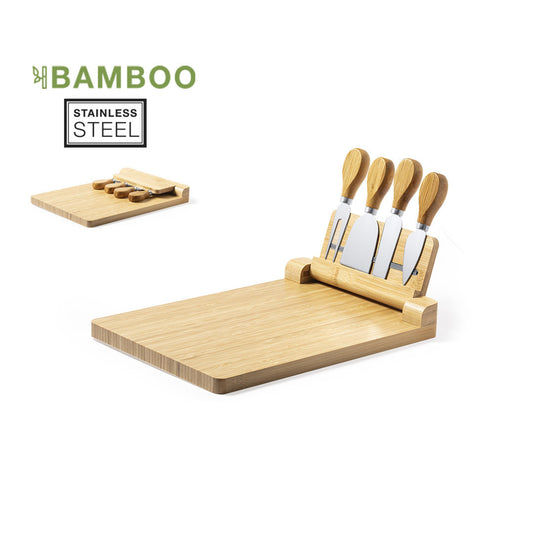 Set à fromage 4 pièces en bambou et acier MILDRED personnalisable logo entreprise