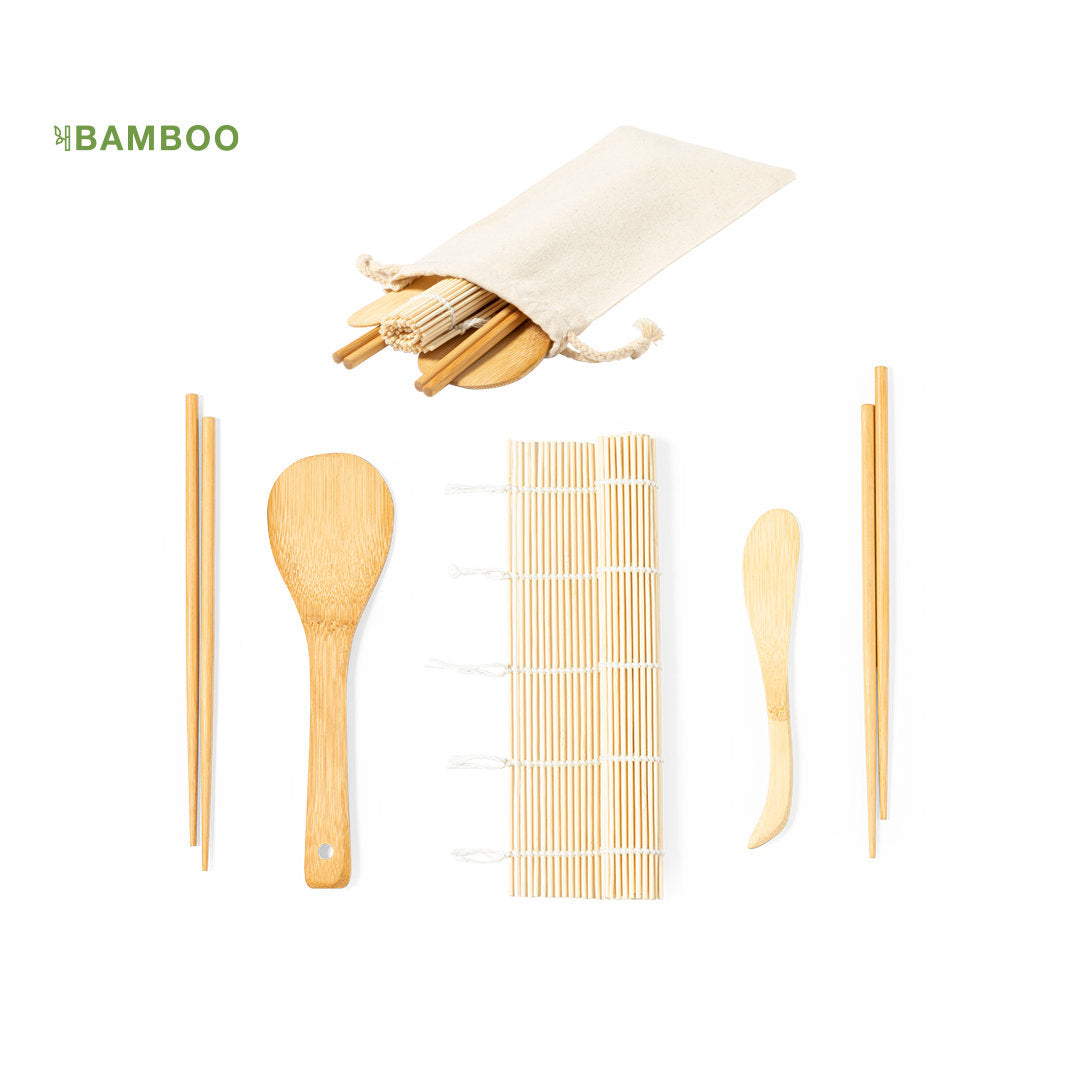 Service à sushi 5 pièces en bambou naturel avec étui en coton KAZARY personnalisable logo entreprise