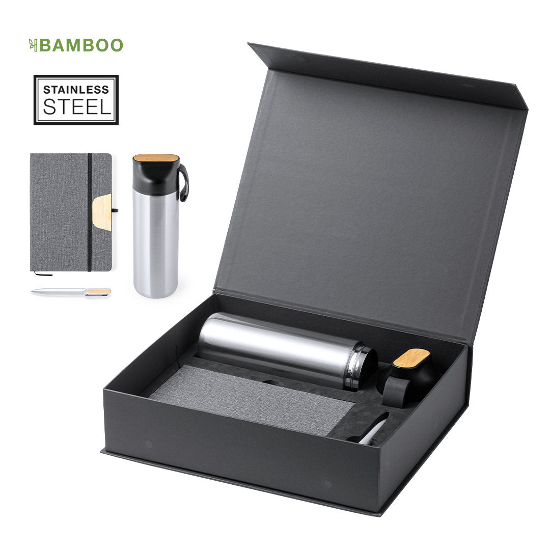 Set avec bloc note 80 feuilles, stylo bille aluminium et bambou, thermos acier inoxydable 640ml HALDERAN