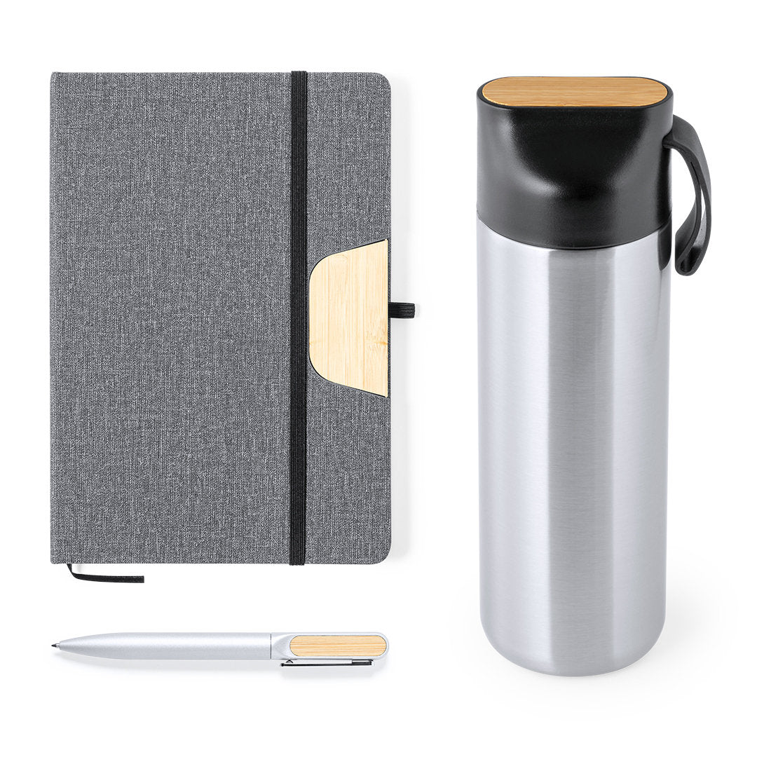 Set avec bloc note 80 feuilles, stylo bille aluminium et bambou, thermos acier inoxydable 640ml HALDERAN avec accessoires