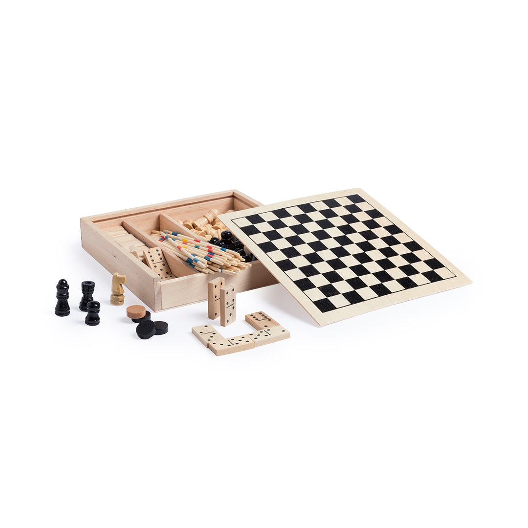 Set de jeux en bois avec mikado, échecs, dames et dominos, présenté dans une caisse en bois avec couvercle