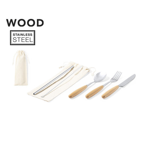 Ménagère 5 pièces en acier inoxydable avec manche en bois naturel personnalisable logo entreprise