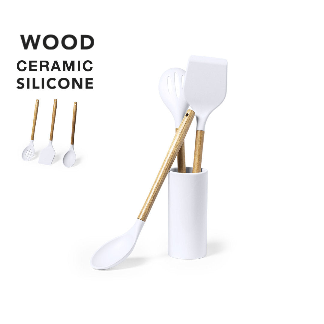 Set de trois ustensiles de cuisine avec pot en céramique / bois / silicone ZAIDAX personnalisable logo entreprise