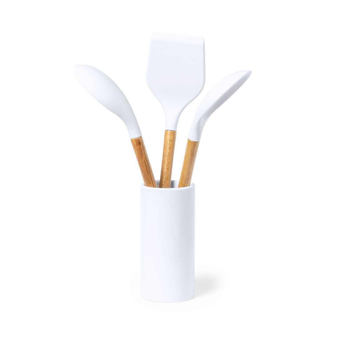 Set de trois ustensiles de cuisine avec pot en céramique / bois / silicone ZAIDAX pot blanc avec ustensiles assortis