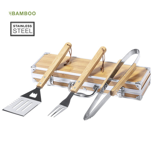 Set de barbecue Nature Line avec trois accessoires en métal et manches en bois personnalisable logo entreprise