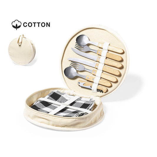 Set de pique-nique 2 services dans une housse coton avec accessoires en acier et bois personnalisable logo entreprise