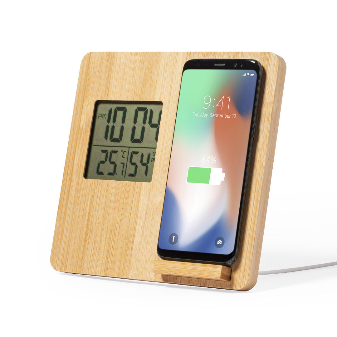 Station météo avec chargeur de charge sans fil 10w intégré en bambou FIORY personnalisable logo entreprise