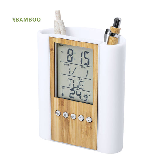 Porte crayons multifonction en bambou et abs : porte stylo, montre et température