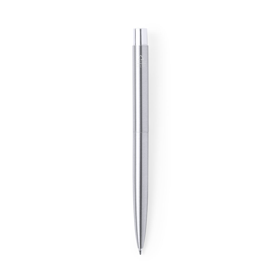 stylo wutax avec Acier inoxydable recyclé distinctif sur le dessus du stylo, soulignant son origine durable.