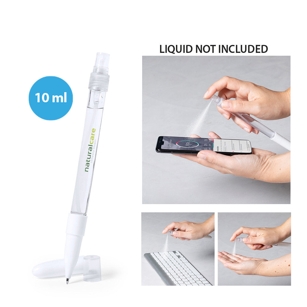 Stylo hygiénisant innovant avec pulvérisateur rechargeable intégré, capacité 10 ml, liquide non inclus personnalisable logo entreprise