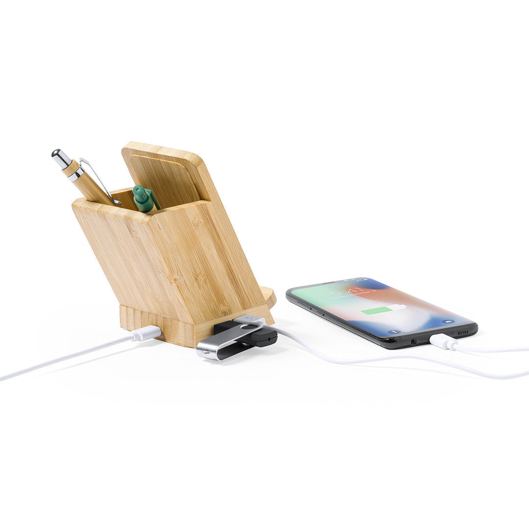 Porte crayons en bambou avec charge à induction compatible avec les smartpgones dotés de la technologie de charge sans fil comprenant un câble micro USB de couleur blanche de 1 mètre de long