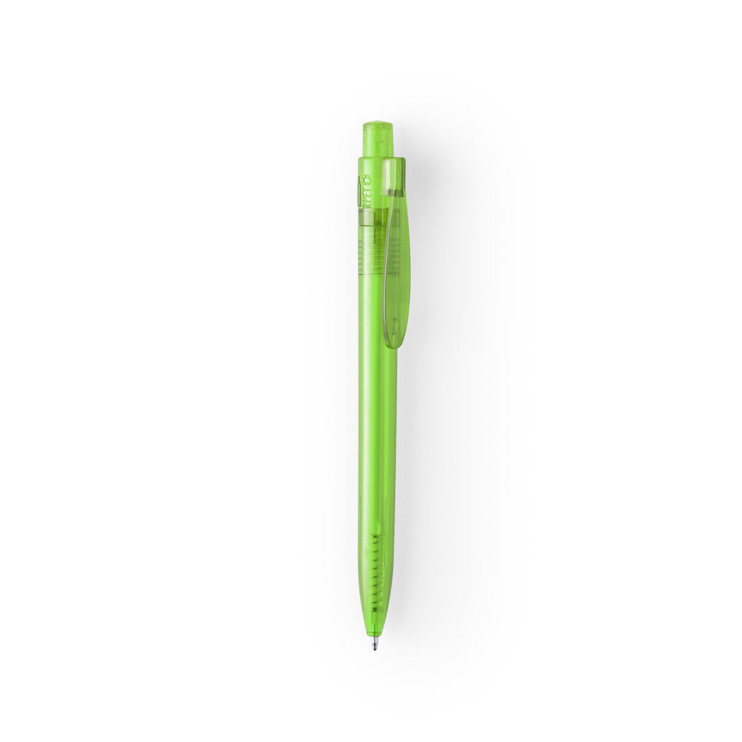 stylo hispar Badge RPET distinctif sur le corps du stylo, soulignant l'engagement environnemental.