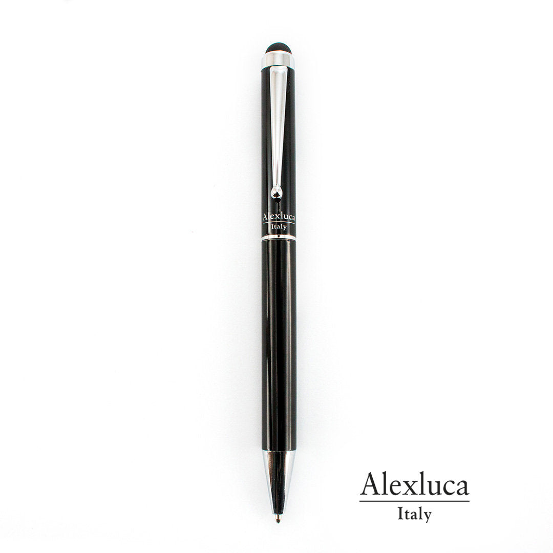 Stylo pointeur noir en aluminium avec mécanisme pivotant.