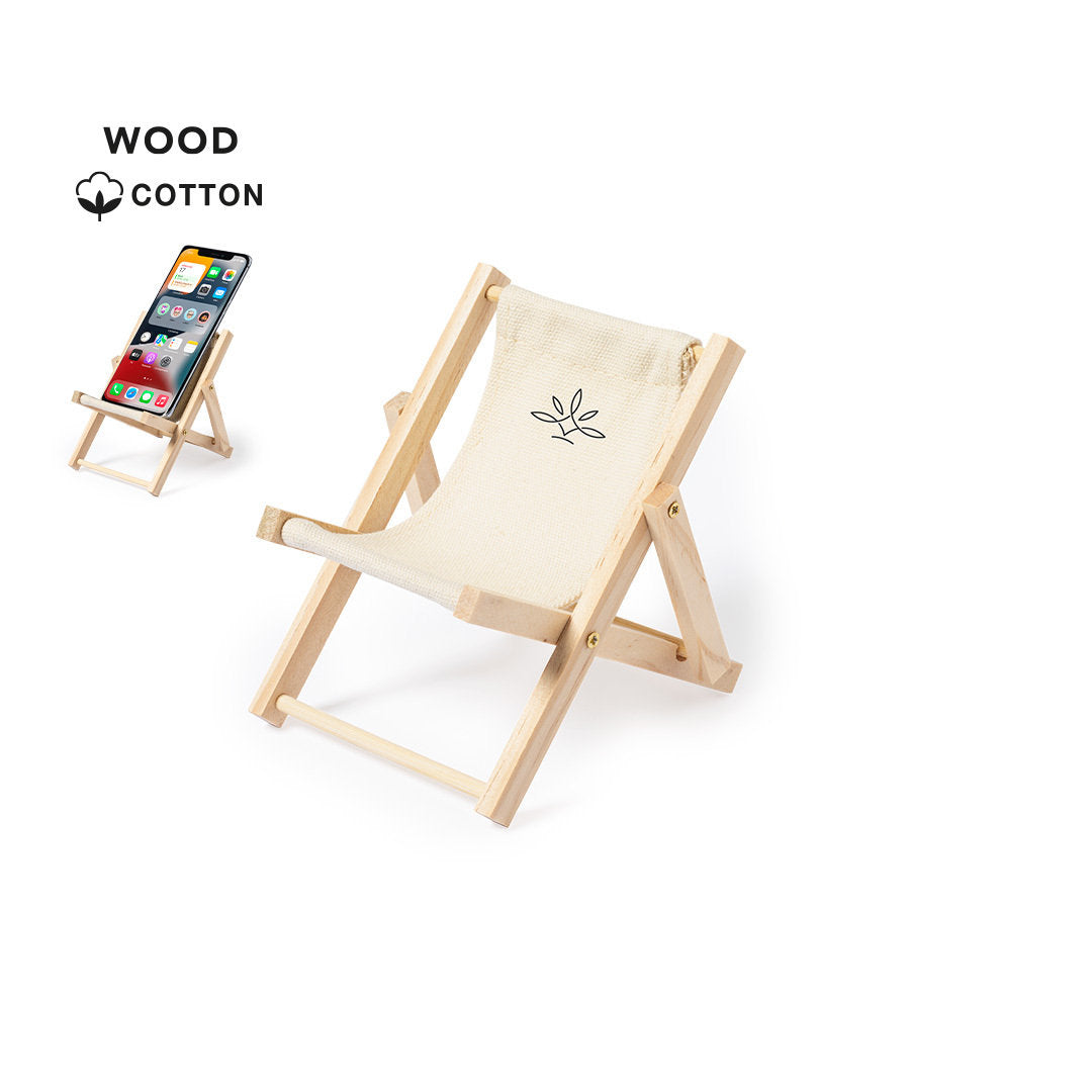 Porte-smartphone en bois avec structure pliable, finition naturelle et tissu en coton