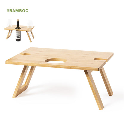 Table pliante en bambou avec compartiment à bouteilles et porte-gobelets personnalisable logo entreprise