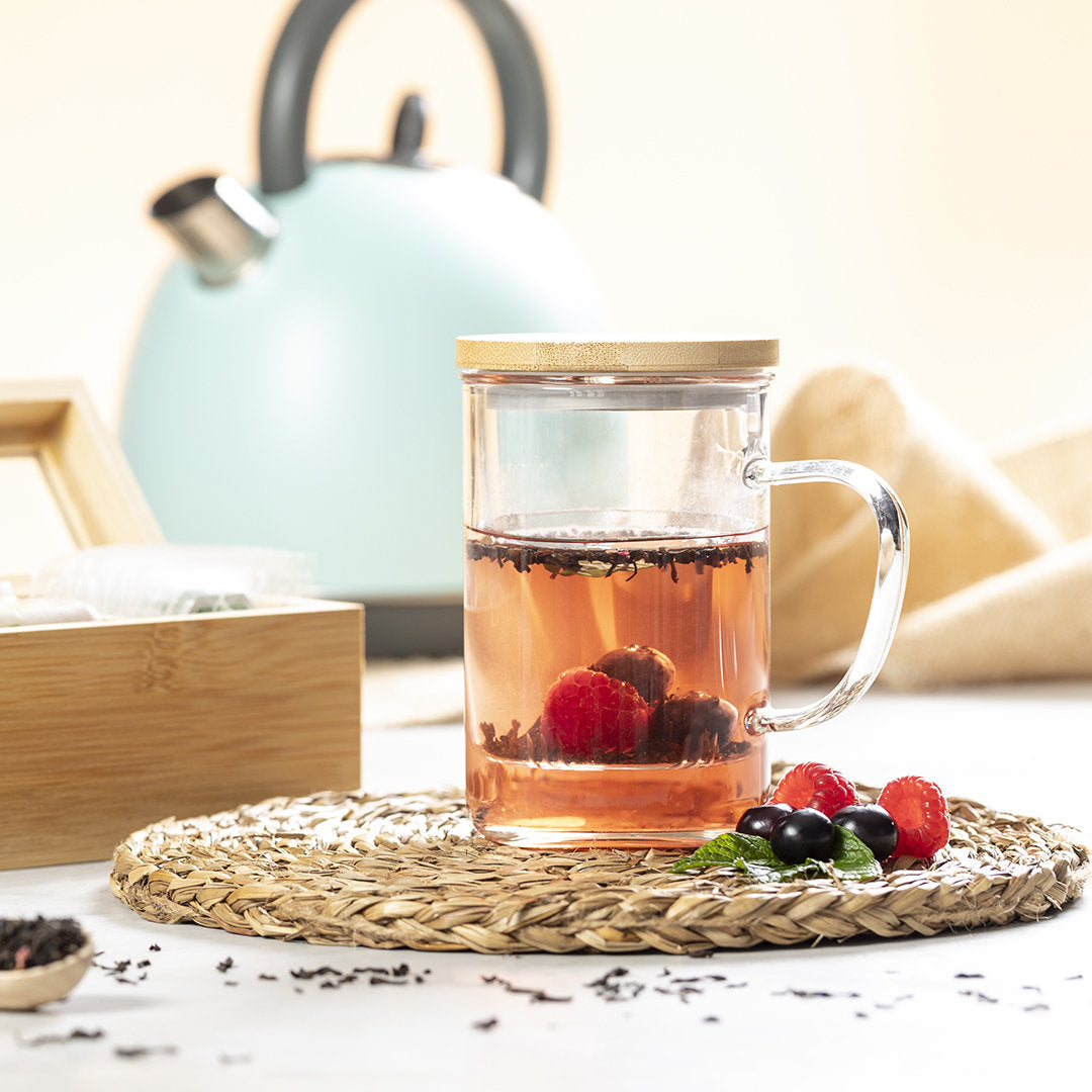 Tasse à thé 450 ml verre borosilicate et bambou avec logo entreprise
