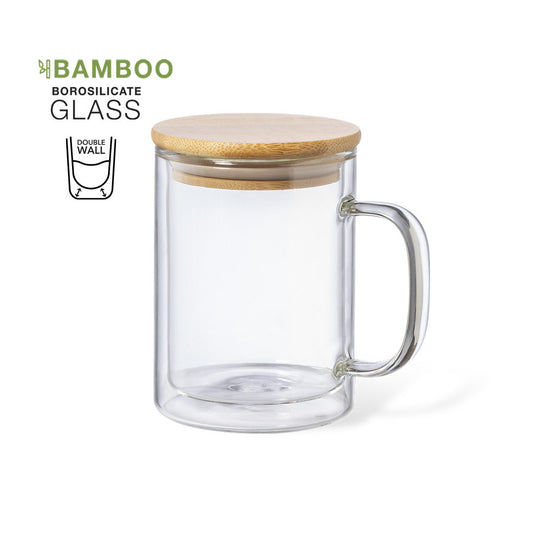 Tasse thermique à double paroi en verre borosilicate et bambou de 370 ml LAIK avec marquage logo entreprise