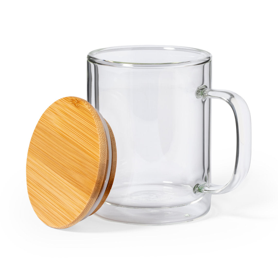 Tasse à double paroi en verre avec couvercle en bambou