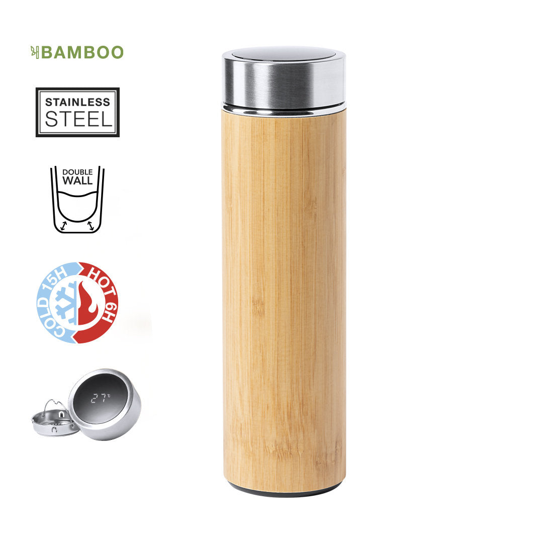 Thermos à double paroi avec bouchon de sécurité sans bisphenol a et infuseur intégré en bambou et acier inoxydable 500 ml DOLINIX avec marquage logo