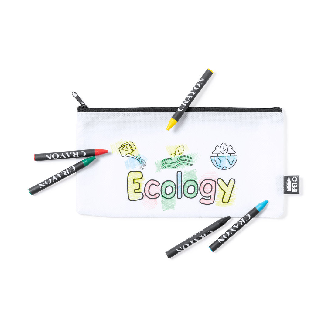 Trousse en RPET avec logo distinctif et cinq crayons de couleurs