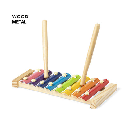 Xylophone en bois de pin naturel avec clés métalliques multicolores, présenté dans une boîte design en kraft.