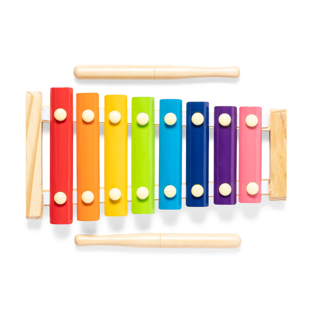 Instrument musical : xylophone en bois de pin avec clés métalliques, élégamment emballé dans une boîte individuelle en kraft.
