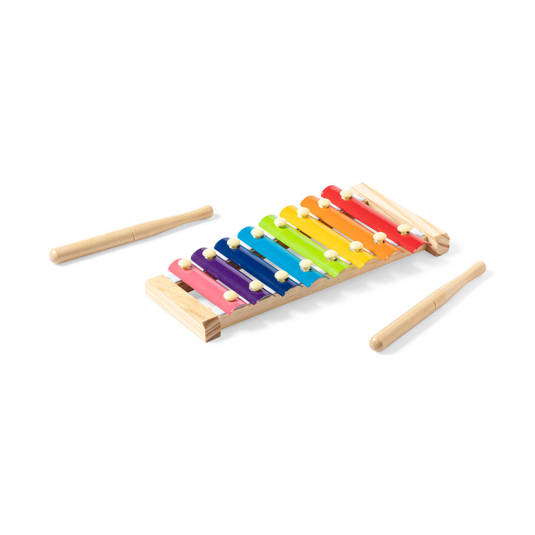 Accessoire musical : xylophone avec socle en bois de pin et baguettes, clés métalliques, dans une boîte en kraft.
