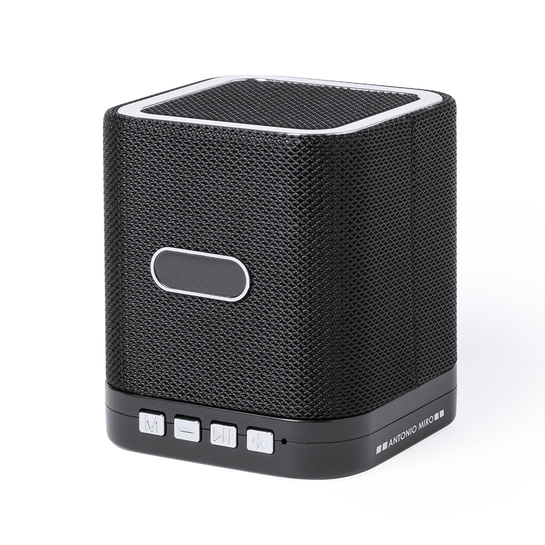 Enceinte Bluetooth compacte noire, 3W, mains libres, compatible iOS et Android, accessoires coloris argent.