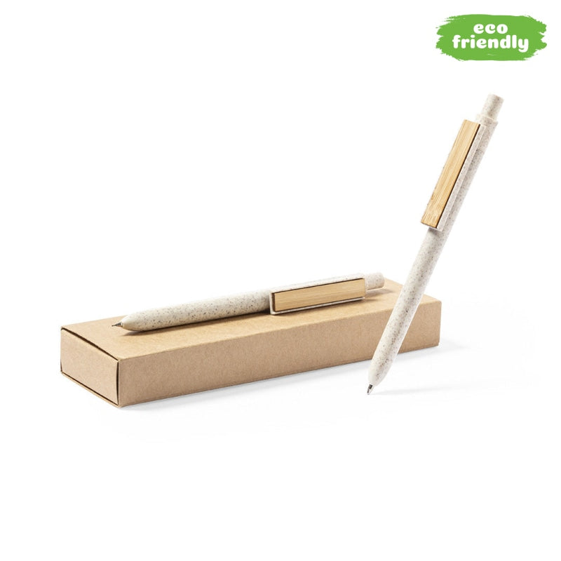 Set de stylos et porte mines en blé et bambou BRUNEOK personnalisable logo entreprise