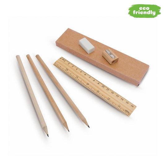 Set de 6 pièces avec crayons en bois naturel, règle, gomme et taille-crayon